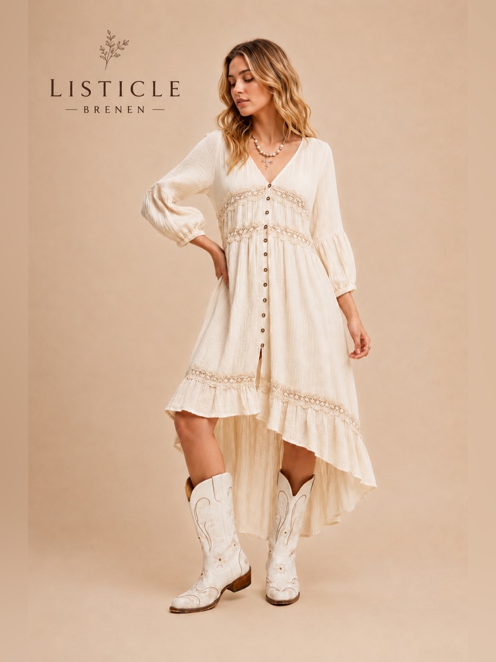 Listicle Brenen Cotton Gauze High-Low Dress Midi Cream Large Cottagecore Prairie